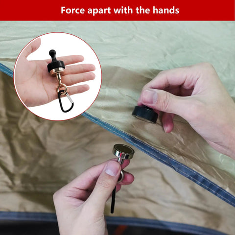 Two Pack Heavy Magnetic Hooks For Outdoor Use being attached on a tent, showcasing premium neodymium strength for easy setup.