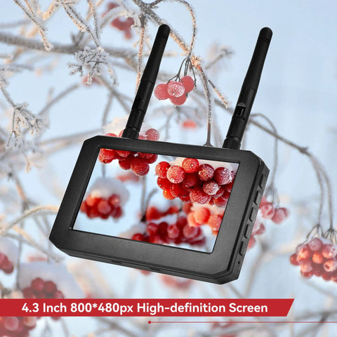 Compact 4.3 Inch FPV Monitor With DVR, 5.8GHz 40 Channel Receiver, 800x480 IPS Display, showing a nature scene on screen