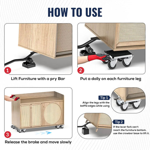 Image showing steps to use Heavy Duty Furniture Moving Dolly With Reinforced Steel Panel 360 Degree Swivel And Top Brake With Wheels Set Of 4.