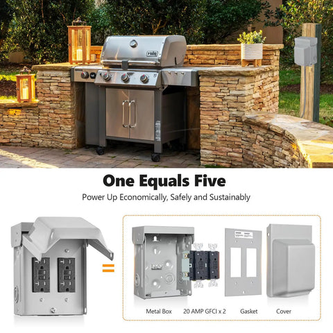 Beefed Up Outdoor Electrical Outlet Box With Dual 20 Amp Weather Resistant Gfci Receptacles rated rainproof next to grill setup.