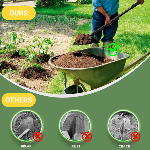 Man using Heavy Duty Small Shovel For Digging With Long 43 Inch Handle Workhorse Tool For Gardening Camping Trenching Landscaping