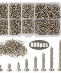 Eight Hundred Piece M2 304 Grade Stainless Steel Screws Assortment Kit With Phillips Head, includes multiple lengths.