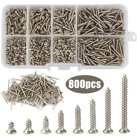 Eight Hundred Piece M2 304 Grade Stainless Steel Screws Assortment Kit With Phillips Head, includes multiple lengths.