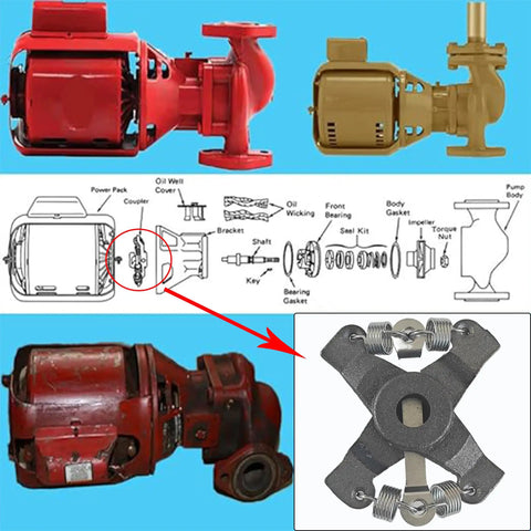 Replacement Motor Coupler Assemblies for Bell and Gossett 100 Series Pumps shown with diagram and parts details