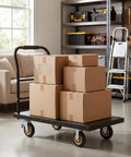 Heavy Duty 2000 Lb Steel Platform Cart With 47 By 24 Inch Anti Slip Platform, Detachable Handle For Easy Storage, 360 Degree Swivel Casters, A Real Warehouse Workhorse For Pros. loaded with boxes in a workshop