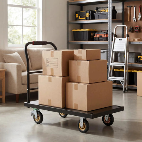 Heavy Duty 2000 Lb Steel Platform Cart With 47 By 24 Inch Anti Slip Platform, Detachable Handle For Easy Storage, 360 Degree Swivel Casters, A Real Warehouse Workhorse For Pros. loaded with boxes in a workshop