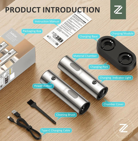 Rechargeable Electric Salt And Pepper Grinder Set With USB C Charging Dock Stainless Steel Auto Grinders Adjustable Coarseness LED Light Huge Capacity Super Handy Kitchen Gift components on table