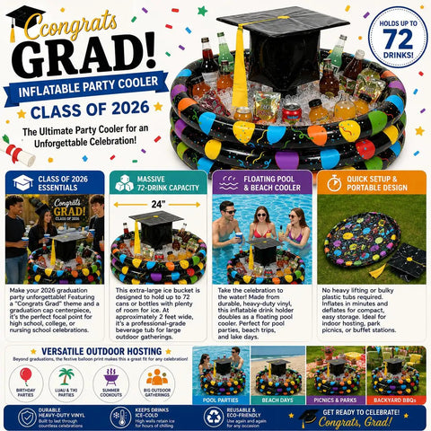 Class Of 2026 Graduation Inflatable Cooler With 72 Drink Capacity Floating Pool Ice Bucket Party Tub shown with colorful design