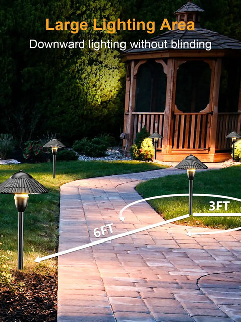 Low Voltage LED Landscape Lighting Kit For Your Yard And Garden With Path Lights illuminating a garden path near a wooden gazebo