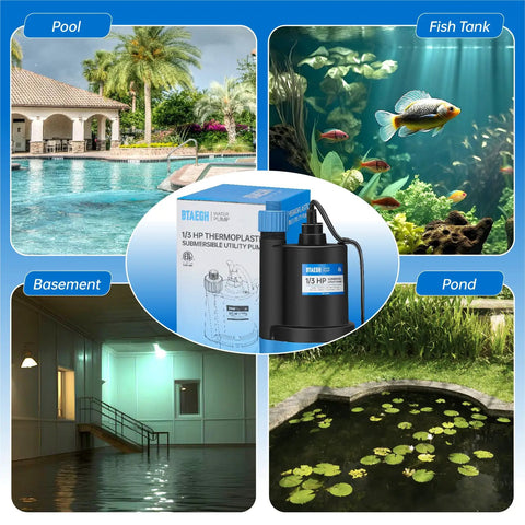 One Third HP Submersible Water Pump 2400 GPH Portable Thermoplastic Sump Pump For Pools Basements Gardens Ponds Easy Transfer
