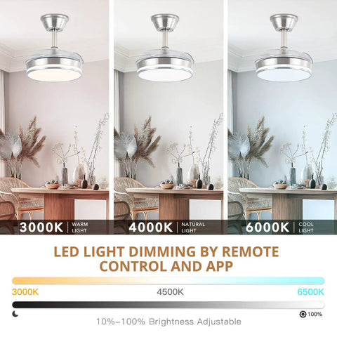Sleek Retractable Ceiling Fan With Dimmable LED Lights And Remote demonstrating light dimming options in a stylish setting.