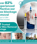 Easy Water Rinse Ear Wax Removal Kit With 3 Quad Stream Tips showcasing syringes with colored tips for ear cleaning.