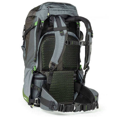 Rear view of Rotating 50L Plus Camera Backpack For Epic Adventure Photography With Front Access, Tripod Carry, and water bottle pocket.