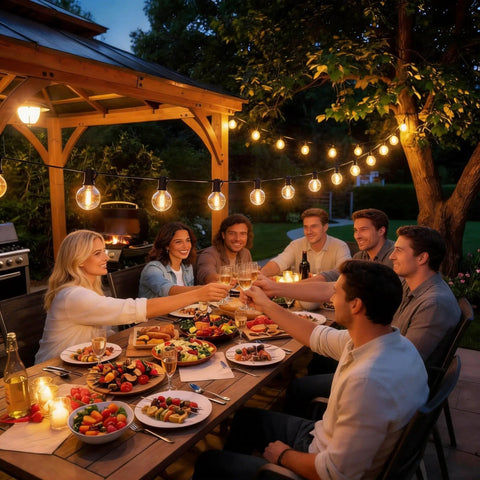 Group dining under 50ft G40 Outdoor String Lights With 26 LED Bulbs, Waterproof Shatterproof Dimmable Connectable Globe Cafe Bistro Lights