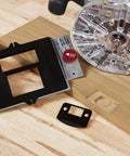 Self Clamping Door Lock Jig Kit For Installing Locks Handles And Hinges With Bi Metal Hole Saws Includes Mortise Router Bits And Cutting Tools DIY Friendly Cutting Tools Included Adjustable Backsets For Common Door Installations No Screws Needed And No, showing components on a wooden surface