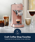 Compact Espresso Machine And Cold Brew Coffee Maker With Automatic Milk Frother Wand For Next Level Hot Iced Coffee Crafts And Dope Daily Sips In Sleek Rose Pink with drinks.