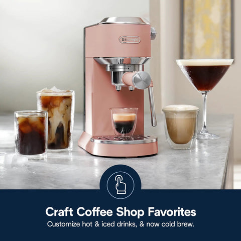 Compact Espresso Machine And Cold Brew Coffee Maker With Automatic Milk Frother Wand For Next Level Hot Iced Coffee Crafts And Dope Daily Sips In Sleek Rose Pink with drinks.