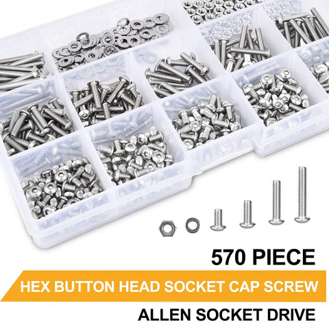 Stainless Steel M3 Button Head Socket Cap Screws Bolts Nuts And Flat Washers 570 Piece Assortment Kit in compartment tray