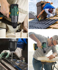 Collage of 20V Cordless Drill With 2000mAh Battery High Torque 530 In Lbs for various DIY and workshop projects