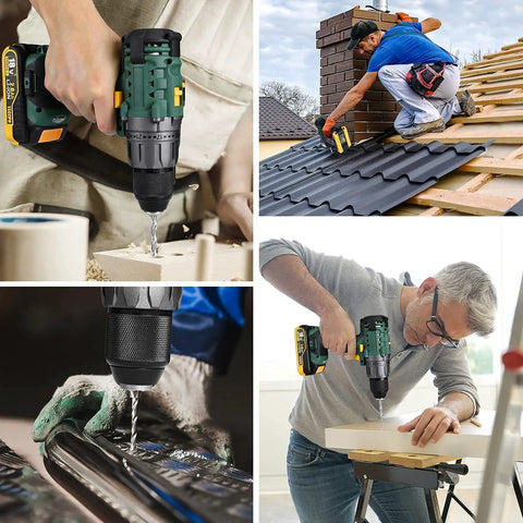 Collage of 20V Cordless Drill With 2000mAh Battery High Torque 530 In Lbs for various DIY and workshop projects