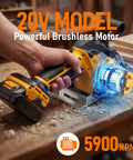 6 Inch Brushless Cordless Circular Saw Compatible With DeWalt 20V Max Battery for Smooth Wood Cuts in use on wood with shavings.
