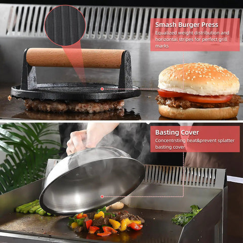 28 Piece Griddle Gear Kit For Blackstone Flat Top Grill featuring burger press and basting cover in use on flat top grill