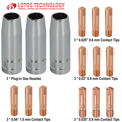 Heavy Duty LOTOS Apex APEX MCS15 Welding MIG Consumables Kit featuring 3 gas nozzles and various contact tips for MIG225 and MIG180.