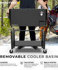 80 Quart Rolling Party Cooler With Divider And Removable Basin Includes Serving Tray Holds Up To 110 Cans Matte Black Ice Chest For Indoor And Outdoor Use Keeps Drinks Icy For Hours, shown from the rear with wheels and a bottle opener.