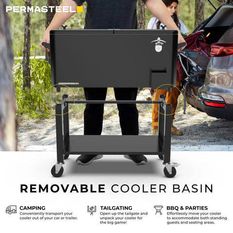 80 Quart Rolling Party Cooler With Divider And Removable Basin Includes Serving Tray Holds Up To 110 Cans Matte Black Ice Chest For Indoor And Outdoor Use Keeps Drinks Icy For Hours, shown from the rear with wheels and a bottle opener.