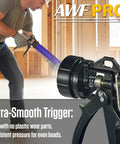 Dual Format Sausage To Cartridge Caulking Gun With 12 To 1 Thrust Aluminum Barrel in use by a worker in a construction setting