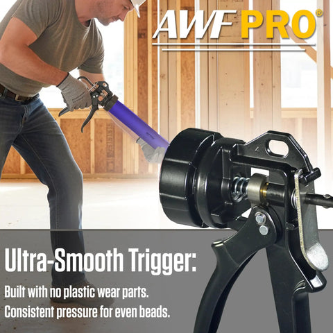 Dual Format Sausage To Cartridge Caulking Gun With 12 To 1 Thrust Aluminum Barrel in use by a worker in a construction setting