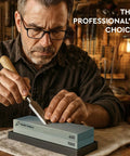 Man sharpening knife on Two Sided Whetstone Knife Sharpening Stone 400/1000 Grit Kit With Flattening Stone And Non Slip Base