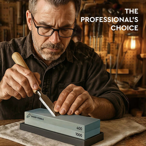 Man sharpening knife on Two Sided Whetstone Knife Sharpening Stone 400/1000 Grit Kit With Flattening Stone And Non Slip Base