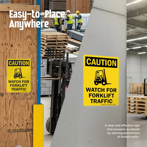 Built Like A Tank Heavy Duty Caution Watch For Forklift Traffic Safety Sign Rust Resistant Outdoor Aluminum Warning Plaque Easy Screw Mounting displayed in a warehouse setting.
