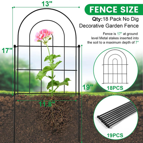 18 Pack Decorative Garden Fence Animal Barrier 17 Inch High 18 Foot Long Border For Flowers And Rabbits, arched design, rustproof metal