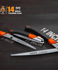 Folding Saw For Backpacking And Camping With A 14 Inch Blade Extra Long Pruning And Dry Wood Cutting SK5 Steel Teeth shown closed and open