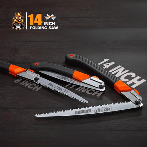 Folding Saw For Backpacking And Camping With A 14 Inch Blade Extra Long Pruning And Dry Wood Cutting SK5 Steel Teeth shown closed and open
