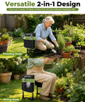 Senior woman using Garden Stool And Kneeler 7 Piece Set With Aluminum Tools in light green for kneeling and sitting modes in a garden.