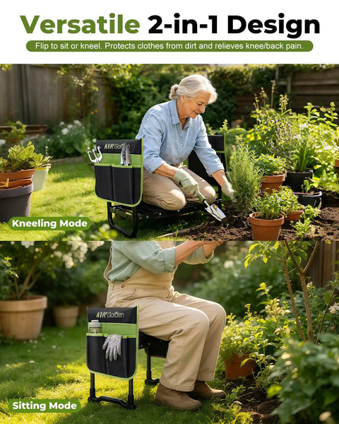 Senior woman using Garden Stool And Kneeler 7 Piece Set With Aluminum Tools in light green for kneeling and sitting modes in a garden.