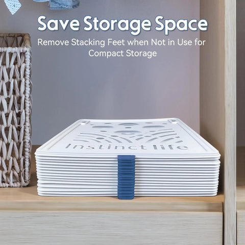 20 Pack Tshirt Organizer Stackable Closet Shelf Storage For Folded Clothes, stacked trays with blue handle for compact storage.