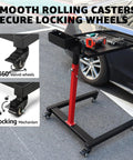 Adjustable Mobile Work Table with 32 To 50 Inches Height And Angle Adjustable, featuring swivel and locking wheels in a workshop.