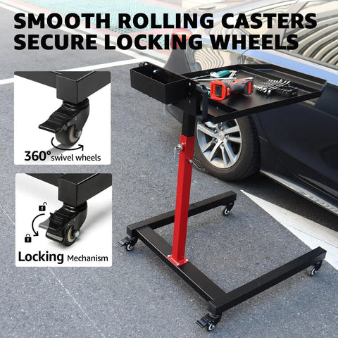 Adjustable Mobile Work Table with 32 To 50 Inches Height And Angle Adjustable, featuring swivel and locking wheels in a workshop.