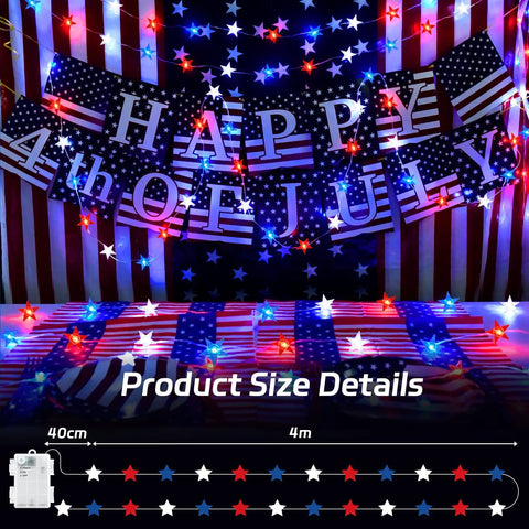 Patriotic Pentagram Star String Lights 13 Ft 40 LED Waterproof Outdoor Battery Operated With Timer Red White And Blue