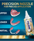 Four Two Point Two Ounce Tubes All In One Zinc Free Denture Adhesive Cream Four Pack Delivers Twelve Hour Hold For Strong Bite Power And No Food Under Dentures After Eating, showing precision nozzle for upper, lower, and partial dentures application.