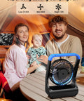 Family camping with 5 Inch Battery Powered Desk Fan For Camping And Travel With D Cell Batteries on table, showing timer and modes.