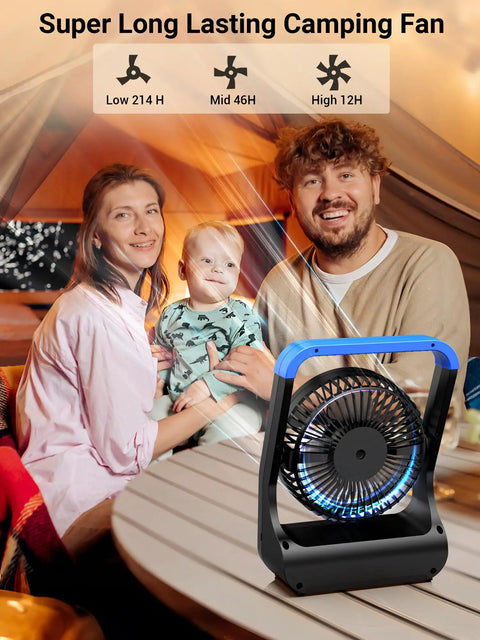 Family camping with 5 Inch Battery Powered Desk Fan For Camping And Travel With D Cell Batteries on table, showing timer and modes.