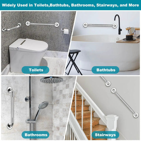 Image displaying Rock Solid Stainless Steel Grab Bars 3 Pack Featuring Two Practical Sizes For Bathtubs And Showers Non Slip Senior Support Handles.