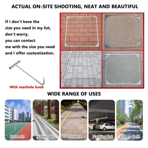 Image showing Invisible Square Septic Tank Covers with Base in various installations like schools, sidewalks, and parking lots.