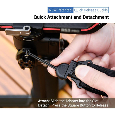 Quick release buckle of Dual NATO Gimbal Strap for DJI RS 3 Pro RS 3 RS 2 and RSC 2 with neck and shoulder support in use