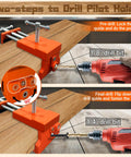 Four Pack Heavy Duty Face Frame Cabinet Clamps With Alignment Plate For Woodworking And Cabinet Installations Perfect For Drawer Fronts Panels And Cabinet Hardware Jigs Orange shown clamping wood with drill guide, locking mechanism, and drill in use for precision work.